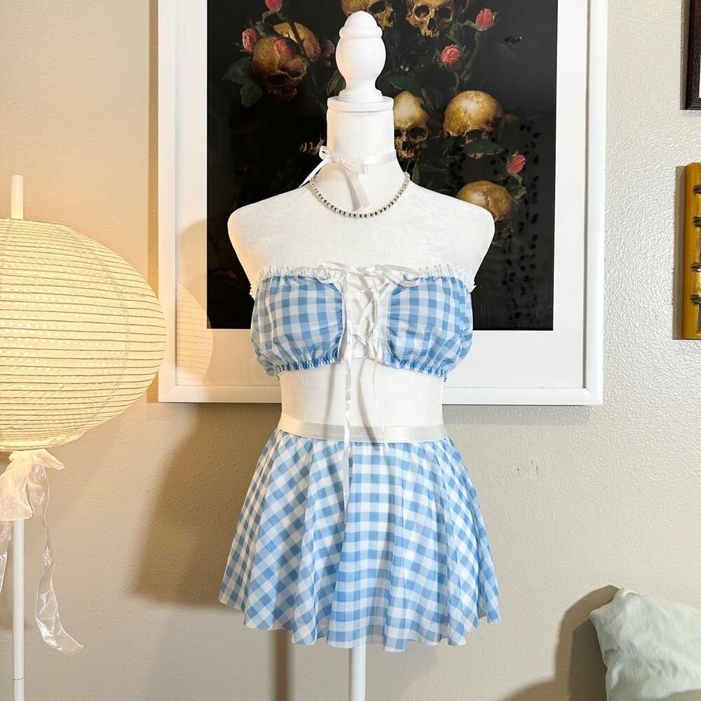 Cottagecore blue gingham cutesy sheer bandeau & skirt lingerie set